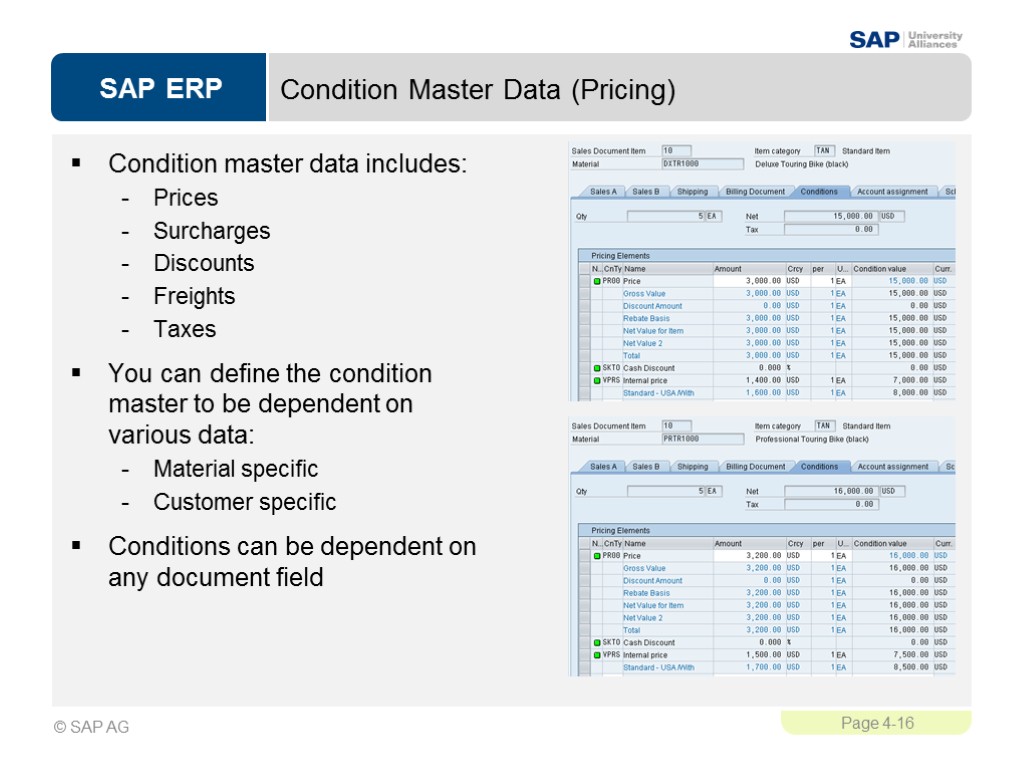 Condition Master Data (Pricing) Condition master data includes: Prices Surcharges Discounts Freights Taxes You